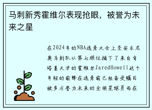 马刺新秀霍维尔表现抢眼，被誉为未来之星